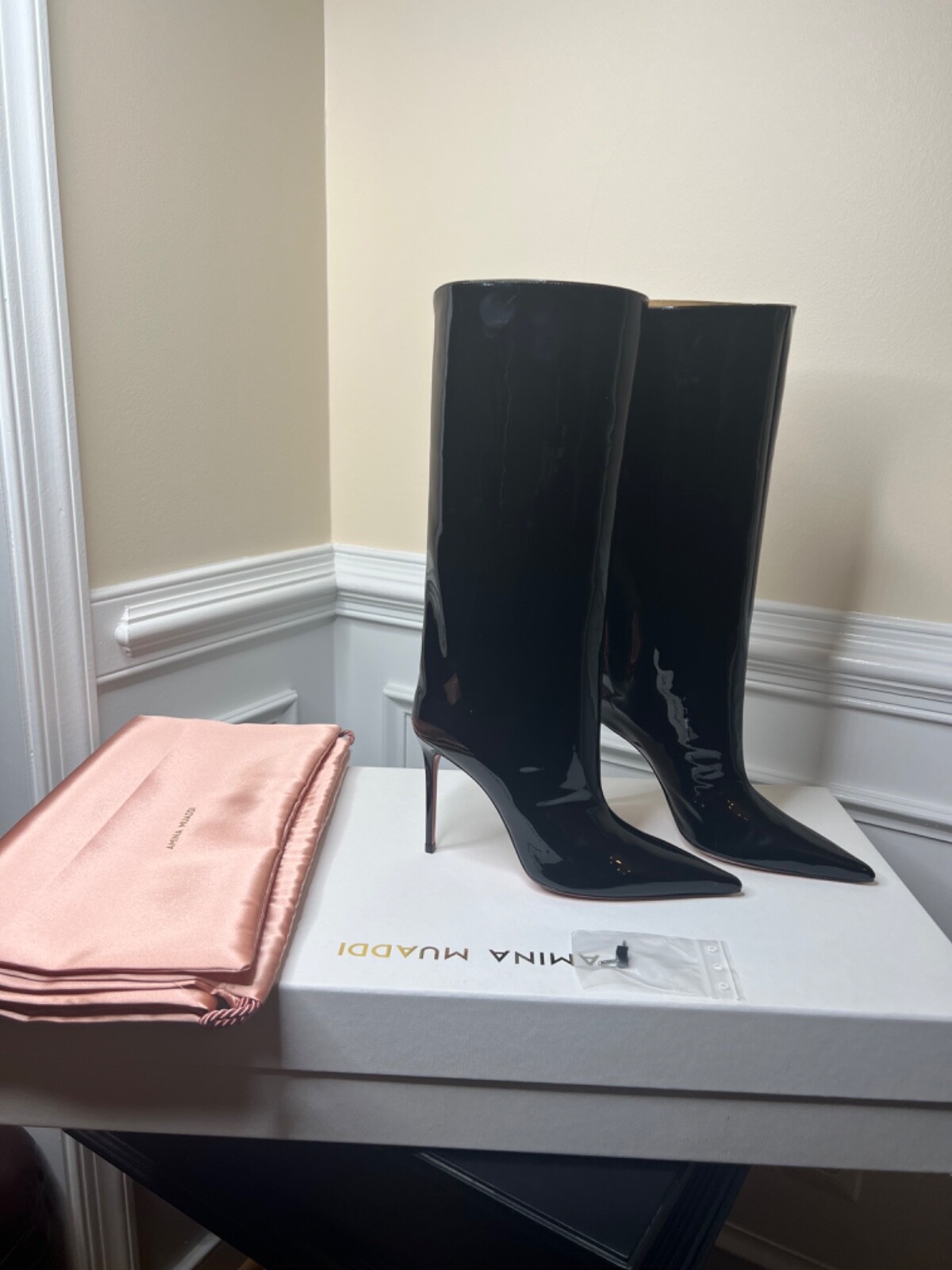 Amina Muaddi Fiona Black Patent Leather High Heel Boots