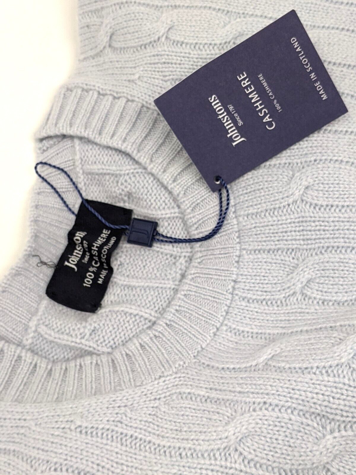 Pre-owned Johnstons Of Scotland 2 Ply Cable Rib Cashmere Sweater Men L $575.00 Orig. In Pale Pale Blue