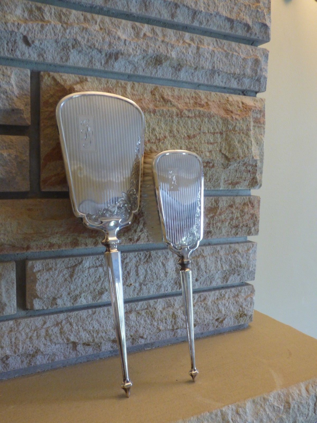 Antique Roden Bros. Sterling Silver Hand Mirror and Hair Brush Set Monogrammed