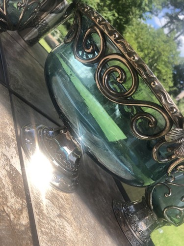VINTAGE Blue Glass, Silverplate Trim Bowl And Candle Holder Set