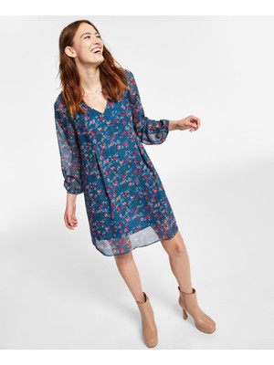 INC DRESSES Женское платье-сорочка из синего блузона на подкладке с поясом и рукавами выше колена S