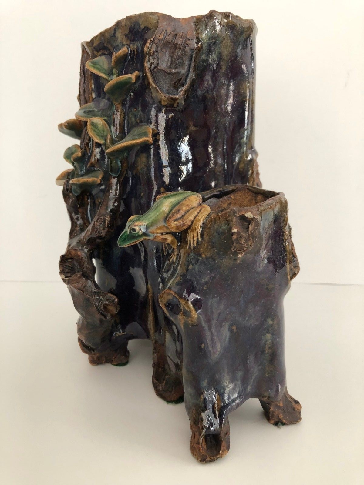 Vintage Chinese Double Yixing ShuChuang clay Twin Tree Form Vase 9