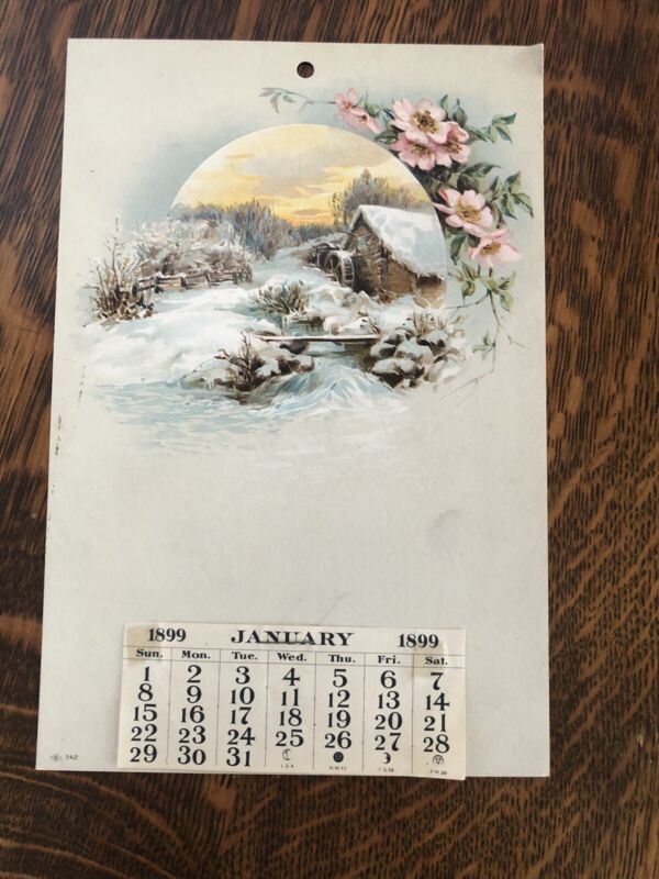 Antique 1899 Wall Calendar Grist Mill Winter Scene January Only Paper Ephemera 