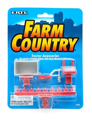 1/64 IH Red Tractor Accessories W/ Carrier, Posthole Digger, Forks, Cultivator