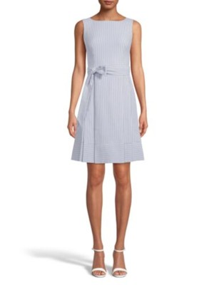 

ANNE KLEIN Женское синее полосатое платье с вырезом лодочкой, короткое вечернее платье с расклешенным силуэтом, Синий