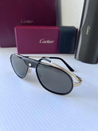 Pre-owned Cartier Santos Ct0241s 001 Gold Black Grey Polarized Lens Aviator Sunglasses In Gray