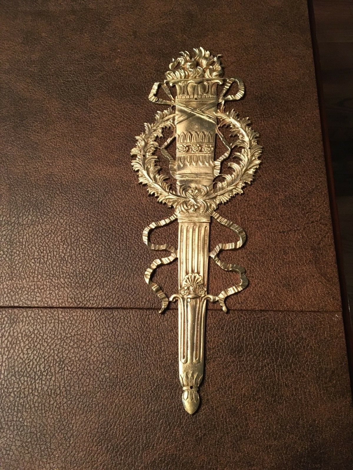 Antique Large French bronze furniture  applique torch, wreath, ribbon design