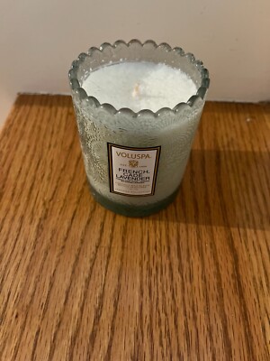 Voluspa French Cade Lavender Candle Embossed Round Glass-Approx 3 1/2''Tall- NWOB