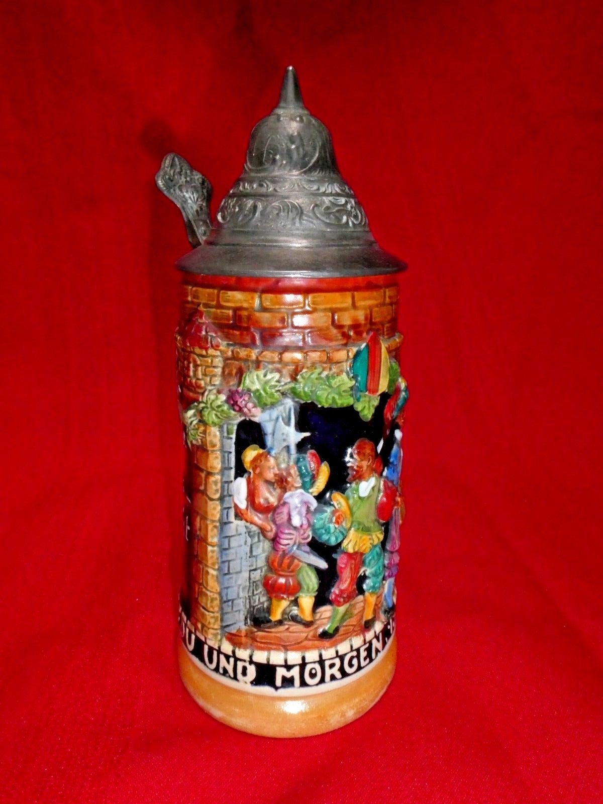 Lidded German Beer Stein DBGM Pewter Lid, Colorful Figures in Relief – 7.5 in.hi