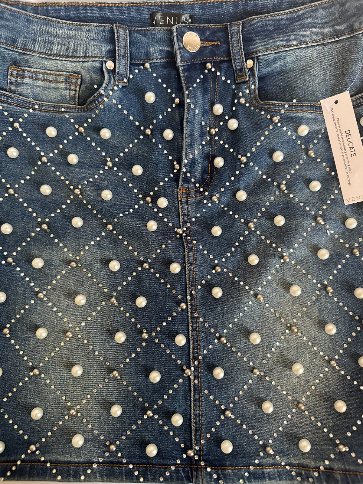 VENUS Blue Denim Studded Pearl Embellished Mini Skirt Western