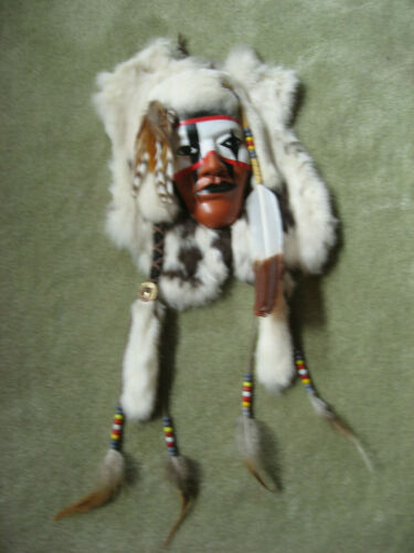 Native American Warrior Spirit Mask Handcrafted Fur Feathers Wall Hanging Decor