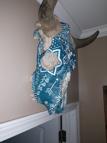 Aztec Hand Painted Skull cow longhorn Western rustic vintage decor hand crafted