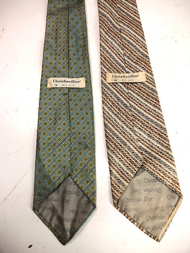 2 Vintage Christian Dior Blue Green Print White Brown Silk Neck Tie 3.5”x56”