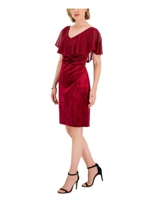 CONNECTED APPAREL Womens Red V-back Cape Overlay Pullover Flutter Sleeve Dress 4