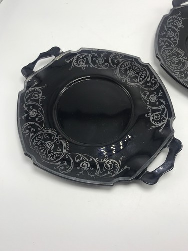 7” Black Handled Plates Set of 2 Sterling Silver Embossed Round Glass Vintage
