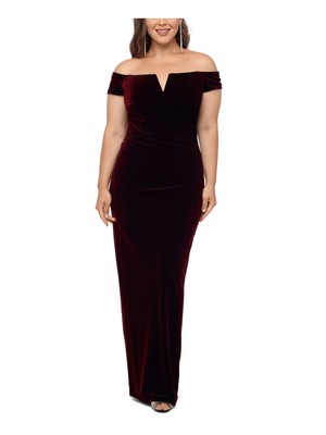 XSCAPE Womens Burgundy Off Shoulder Full-Length Sheath Evening Dress Plus 18W