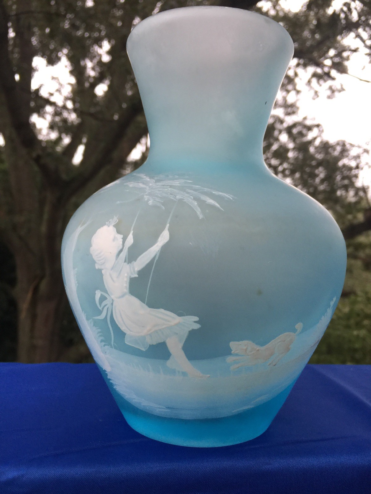 Antique MARY GREGORY Girl In Swing With HER DOG Vase 7.5/6 UNIQUE Estate ??j8