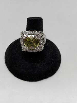 Stunning Silver Tone Square Simulated Light Yellow Stone Ring  Size 6 KG