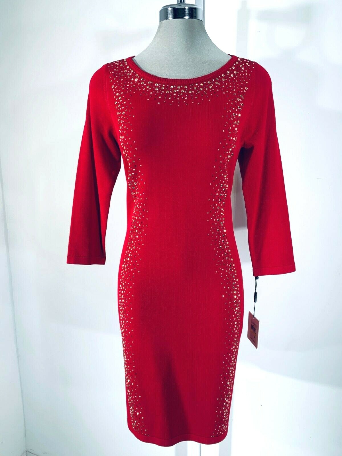 

Calvin Klein NWT Элегантное КРАСНОЕ платье-свитер, украшенное серебряными и золотыми бусинами PM, M, Красный