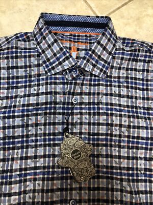 Luchiano Visconti Casual Shirt Mens M Blue Plaid with Leaf Overlay NWT $125