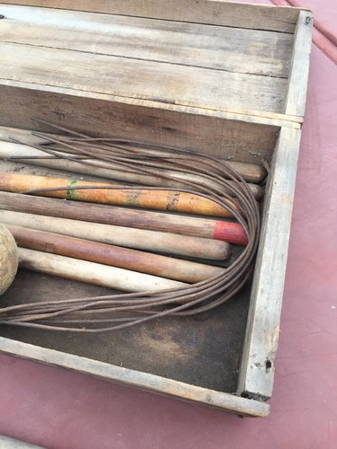 VINTAGE CROQUET SET IN WOODEN BOX 7 mallets 7 balls two stakes wickets Eclipse