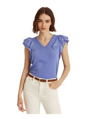 

LAUREN RALPH LAUREN Женская синяя футболка с короткими рукавами и V-образным вырезом, Синий