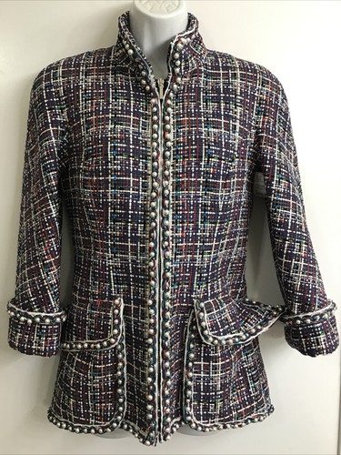 ジャケット・アウター CHANEL CHANCE Chanel Jacket Blue/WH/GRN/RED Cotton Tweed ZIP Pearl Trim