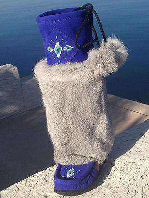 Pre-owned Laurentian Chief Canadian Tall Suede Royal Blue Mukluk Gray Rabbit Fur