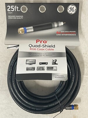 GE 25' Pro Quad Shield RG6 Coax Cable 3GHZ Digital By Jasco Audio & Video 33531