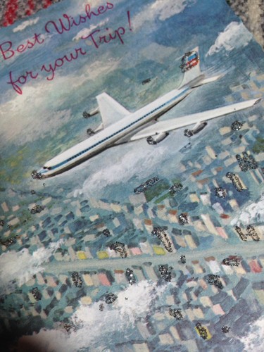 'Best Wishes for your Trip' VTG greeting card airplane plane glitter scalloped