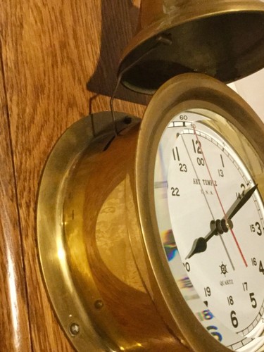 ART TEMPLE USA?? Brass Striking Bell Nautical Ships Maritime Clock On WOOD Nice!