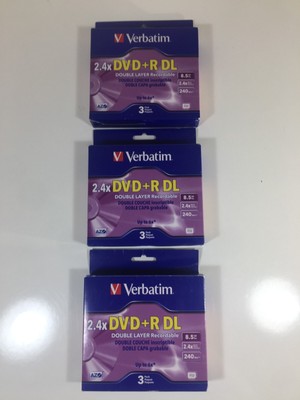 Lot of 3 ~ 3-pk Verbatim Dual Layer DVD+R  DL - 2.4x 8.5GB 240 mins w/ AZO