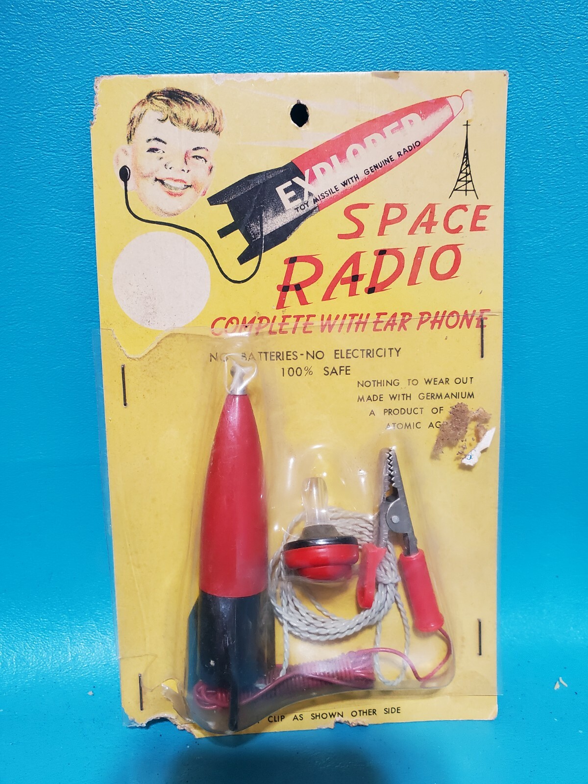 CRYSTAL RADIO VINTAGE EXPLORER ROCKET SPACE RADIO 1950S MOC ATOMIC RARE