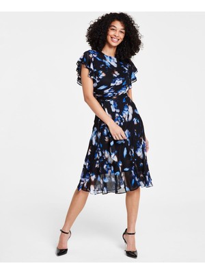 DKNY Womens Black Lined Belted Flutter Sleeve Below The Knee Fit + Flare Dress 2