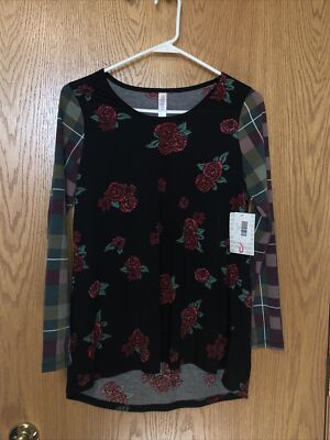Lularoe Lynnae Long Sleeve Small NEW WITH TAGS Black Red Roses Plaid Sleeves