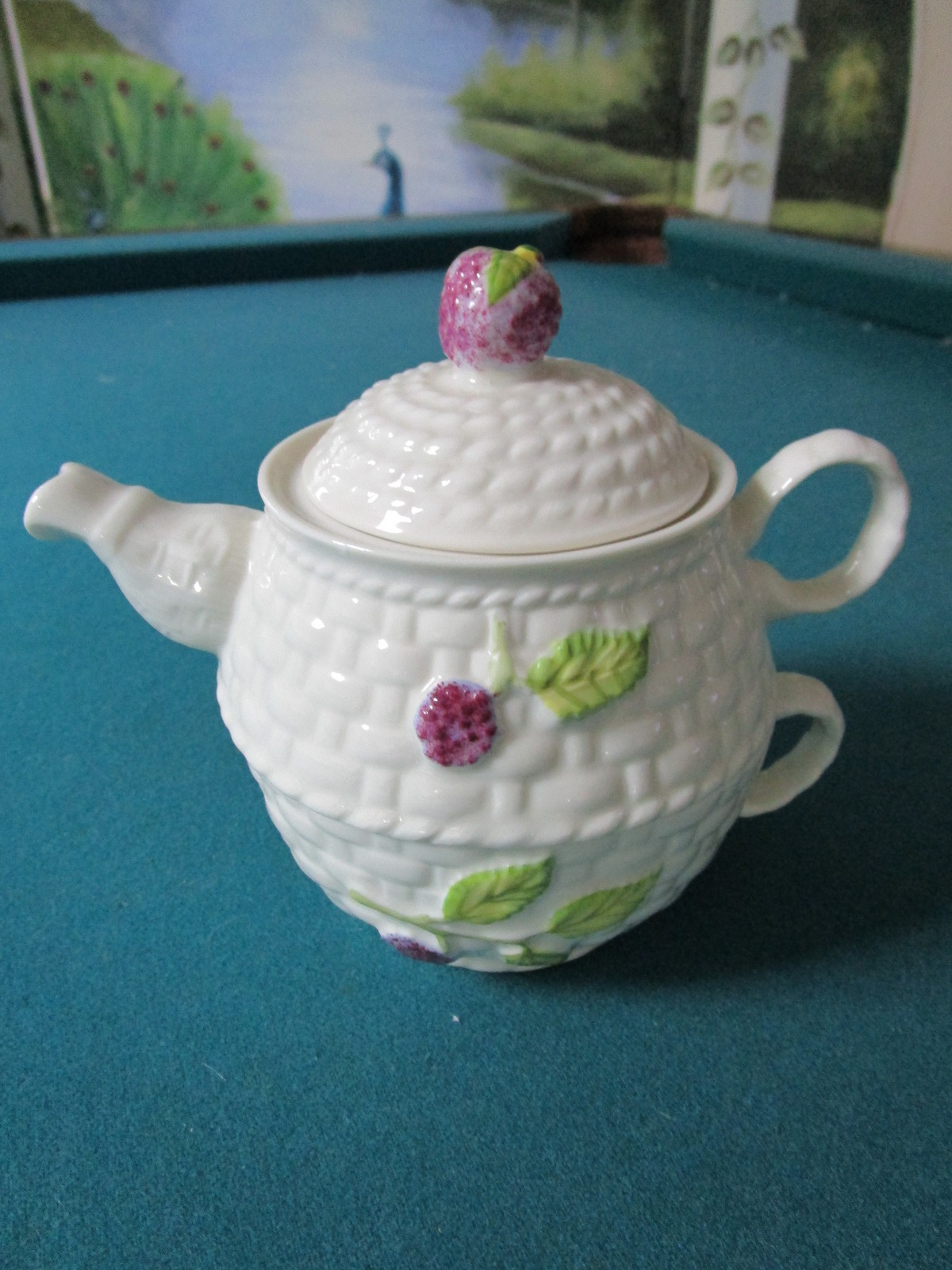 Belleek teapot for one and cup, strawberry design, 11th mark (green