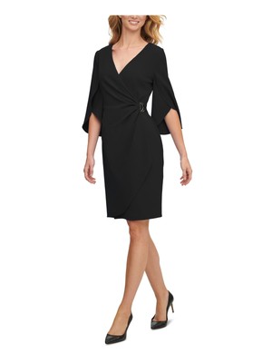 

Женское черное платье DKNY с D-образным вырезом и рукавами-лепестками выше колена с искусственным запахом, Черный