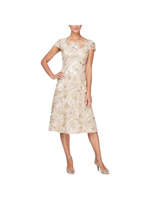 

ALEX EVENINGS Женское бежевое платье с короткими рукавами ниже колена на подкладке + расклешенное платье, Бежевый