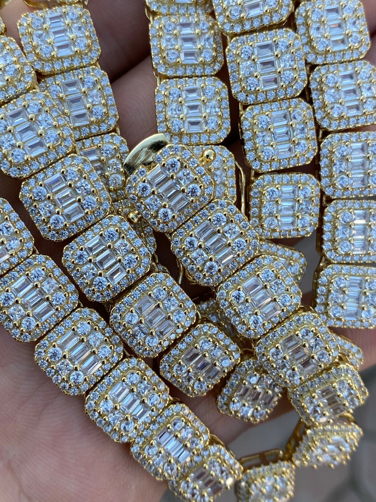 Pre-owned Silver Mens Baguette Chain Bracelet Real Solid 925  14k Gold Plated Icy Cz 18-30"