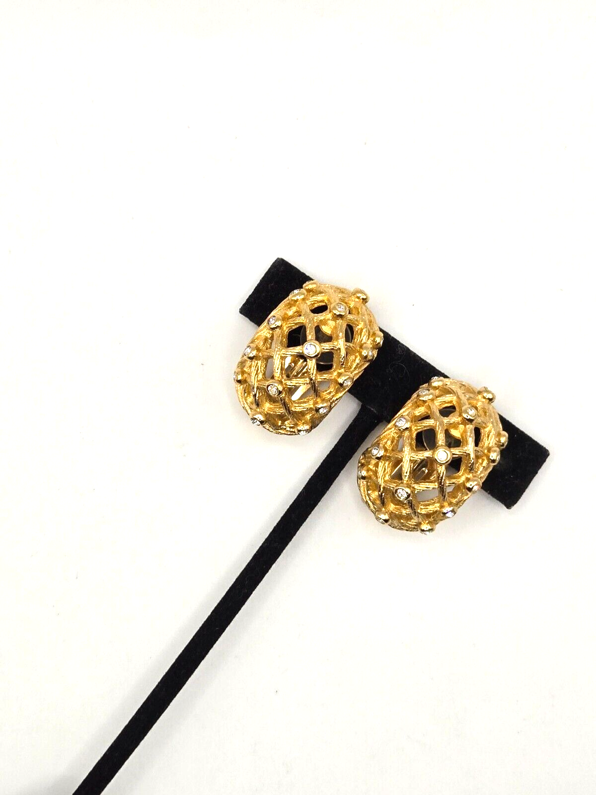 Christian Dior Signed Rhinestone Encrusted Gold Plated Clip Chunky Earrings 1.5"