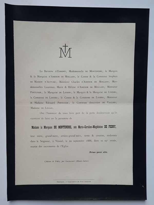 Marquise De Montendre Fedry Faire Part Amedor Mollans Pertusier Liniers 1888