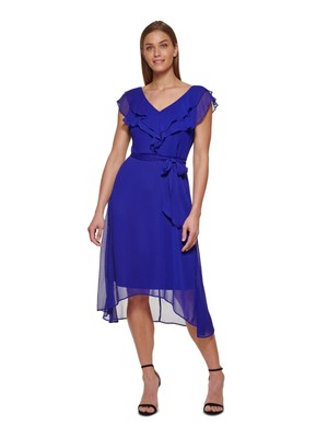 

Женское синее платье DKNY с завязками на поясе и высоким подолом с рукавами-крылышками и расклешенным платьем, Синий