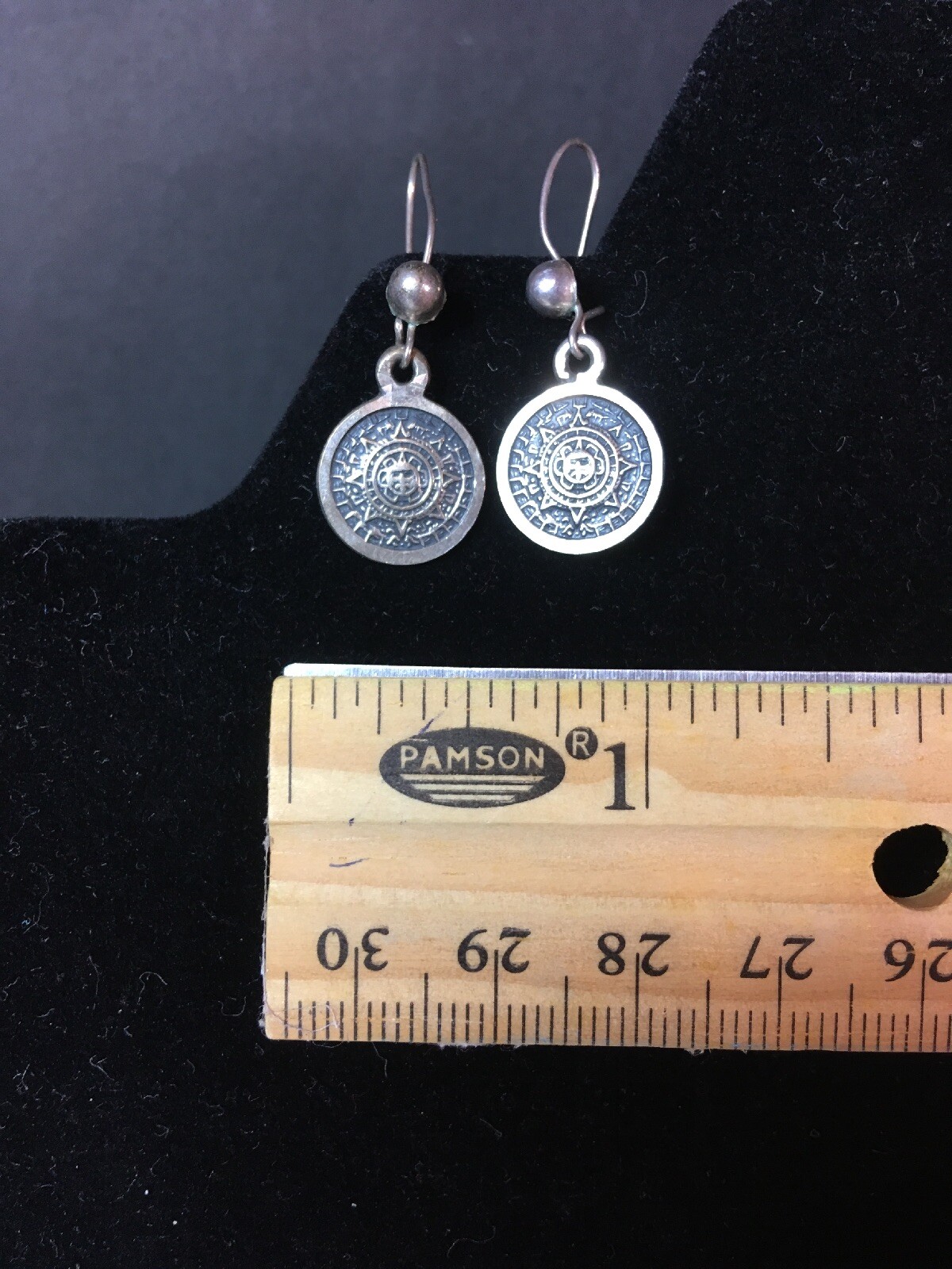 Vintage Mexico 925 Sterling Silver Mayan Aztec Calendar Earrings Dangle Drop