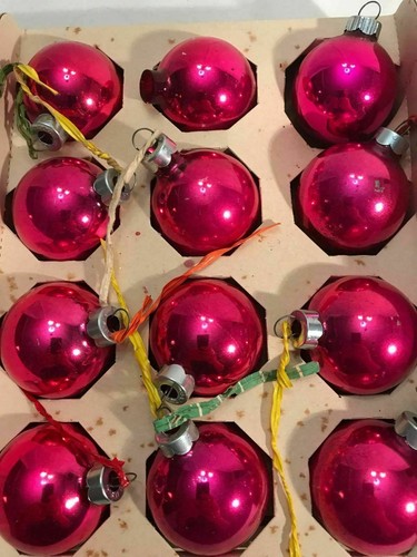 Vintage Box 12 PINK USA Mercury Glass CHRISTMAS Ornaments Balls  AMERICAN MADE