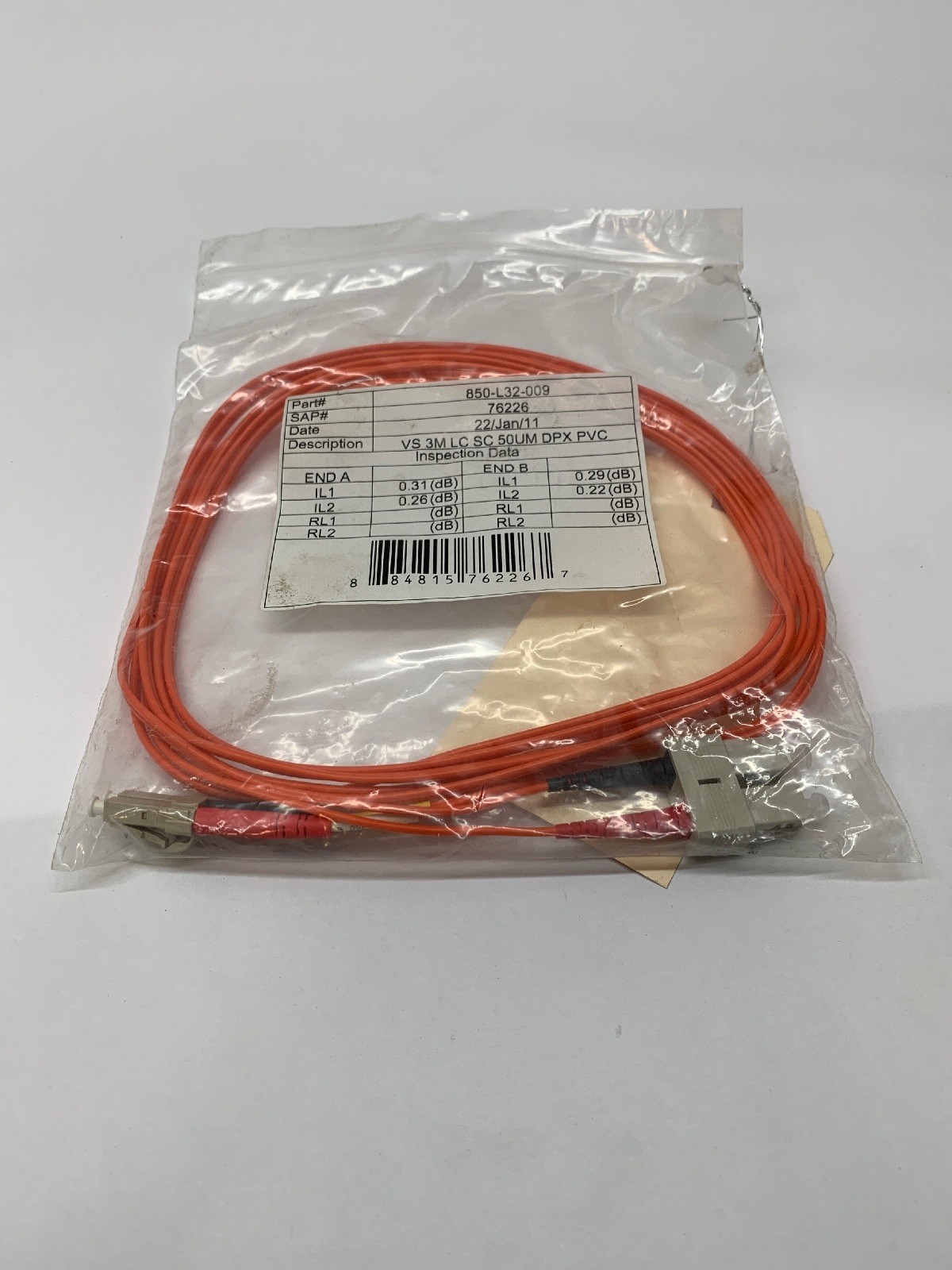 850-L32-009 3-Meter Duplex Multi-Mode Fiber Jumper Cable, 50 Fiber, 50 um Core