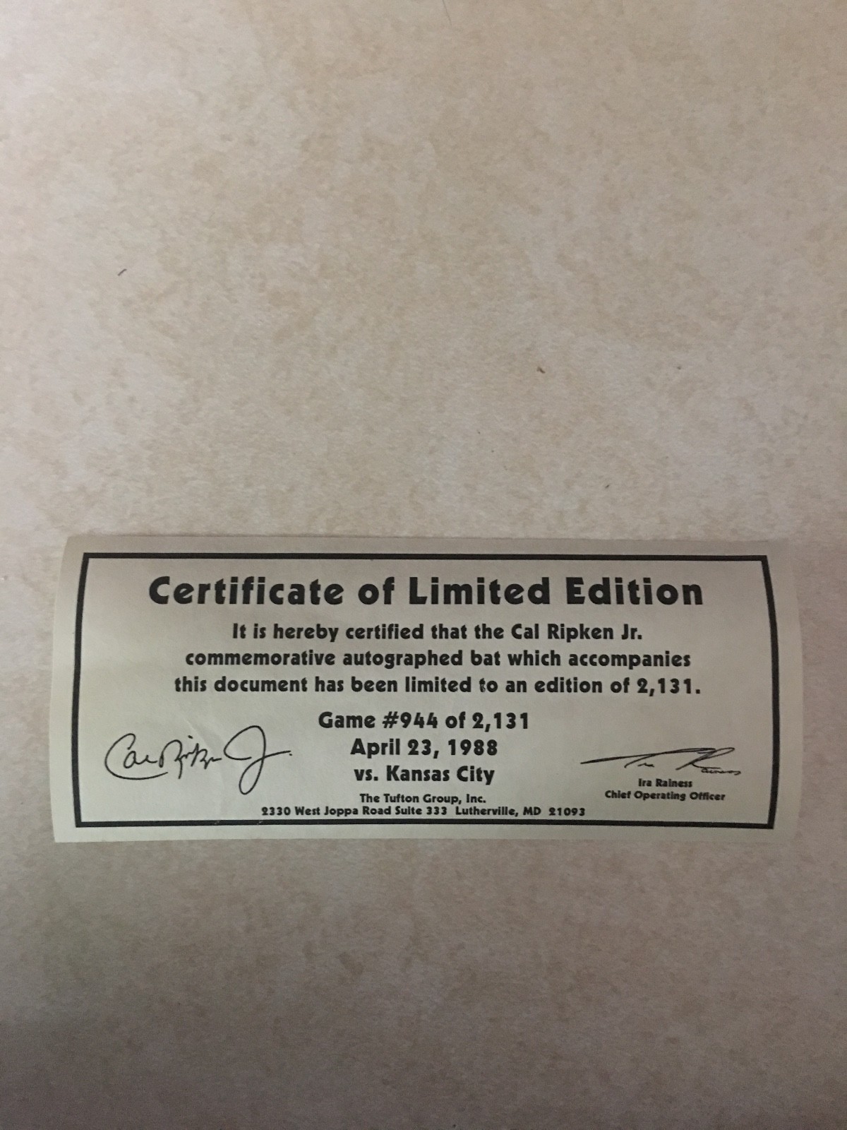 CAL RIPKEN JR  Signed Louisville Slugger Baseball Bat 1988