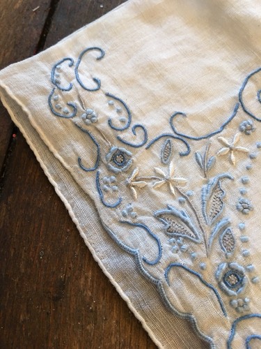 Vintage Linen Hankie Madeira Style Hand Embroidered Blue Monogram S Wedding