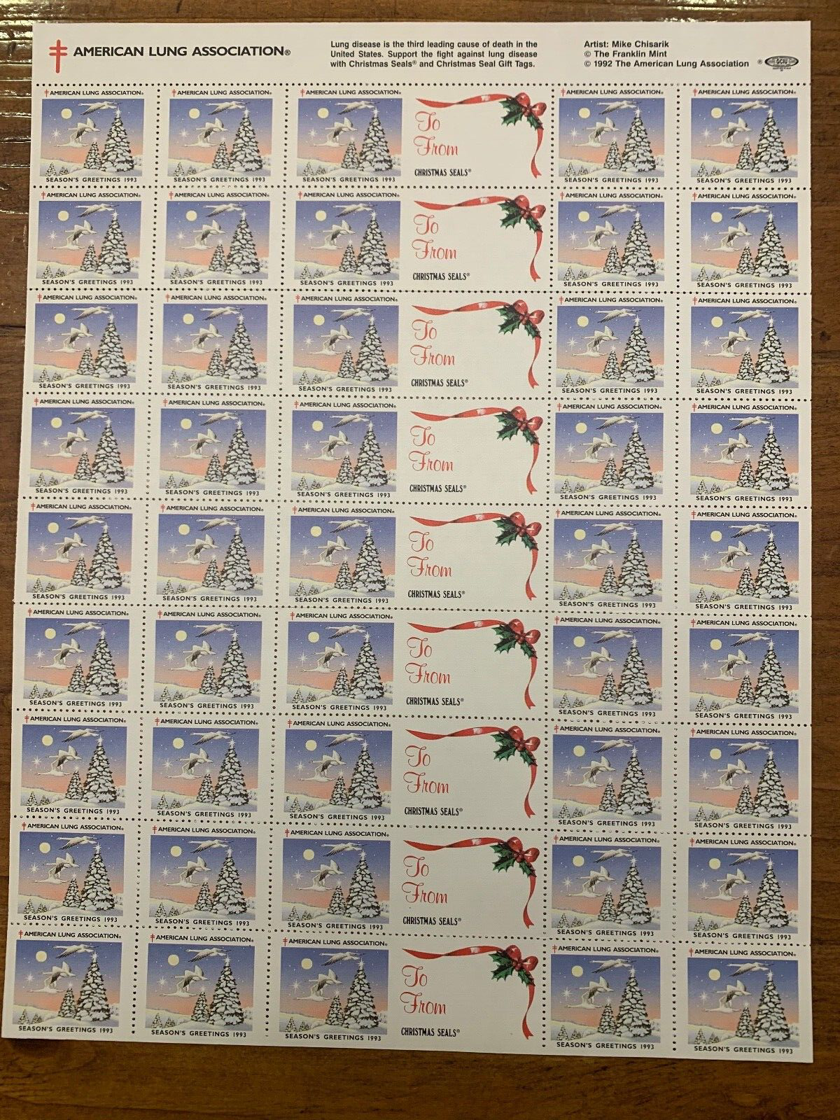 US Stamps SC# WX316 Christmas Seals 1993 Sheet of 36 + Tags