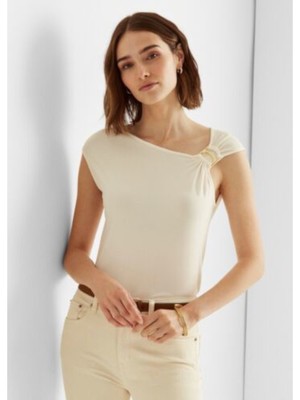 

LAUREN RALPH LAUREN Женский топ цвета слоновой кости с короткими рукавами и асимметричным вырезом, Цвет слоновой кости