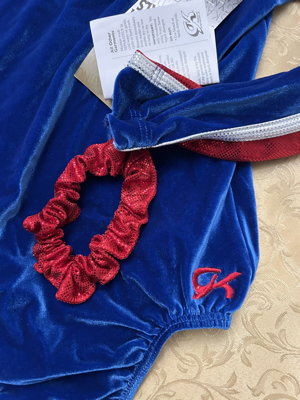 GK Elite Gymnastic Cheer Leotard Competition Red White Blue Gem Velour Shine Med